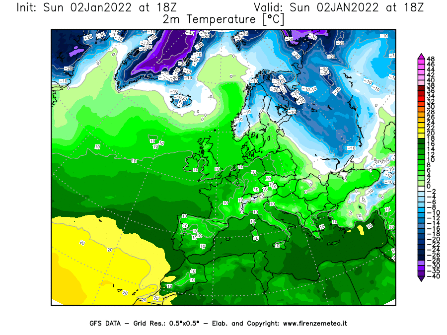 Mappa di analisi GFS - Temperatura a 2 metri dal suolo [°C] in Europa
							del 02/01/2022 18 <!--googleoff: index-->UTC<!--googleon: index-->