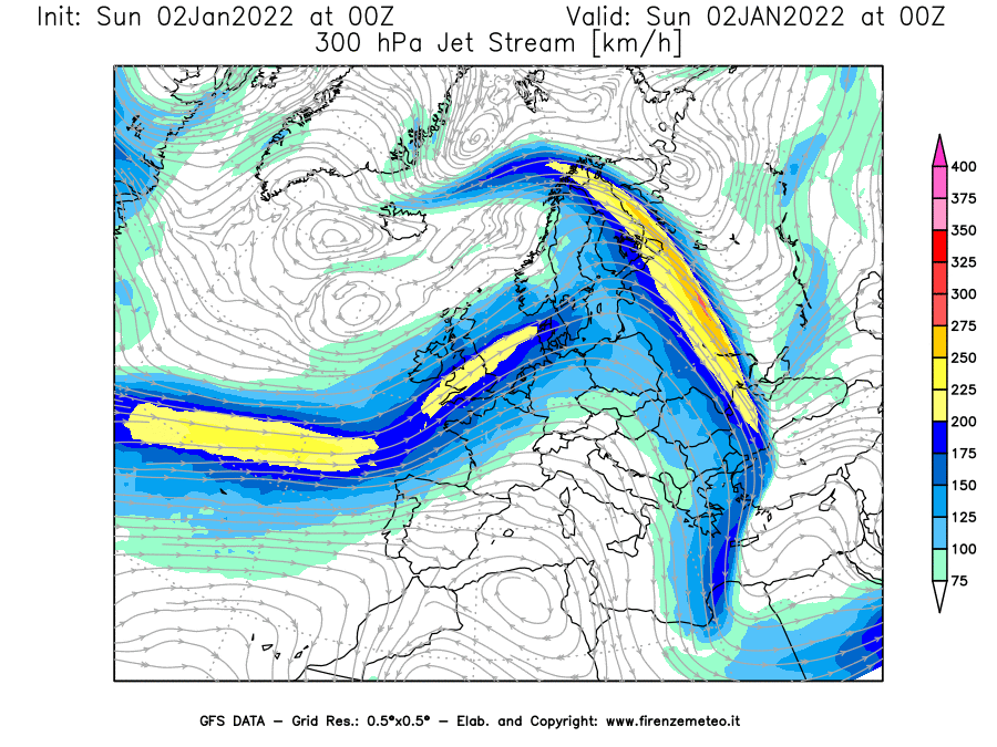 Mappa di analisi GFS - Jet Stream a 300 hPa in Europa
							del 02/01/2022 00 <!--googleoff: index-->UTC<!--googleon: index-->