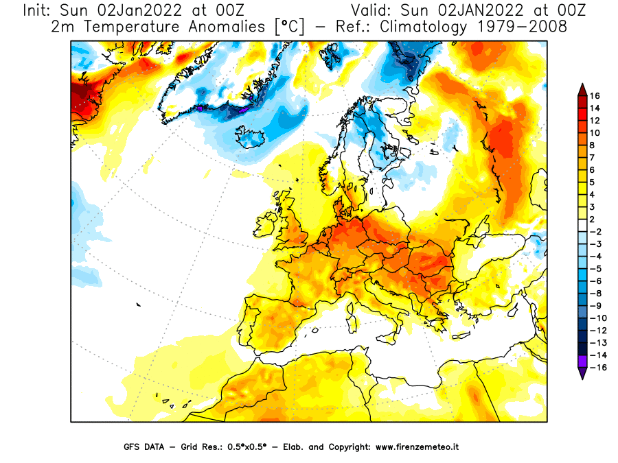 Mappa di analisi GFS - Anomalia Temperatura [°C] a 2 m in Europa
							del 02/01/2022 00 <!--googleoff: index-->UTC<!--googleon: index-->