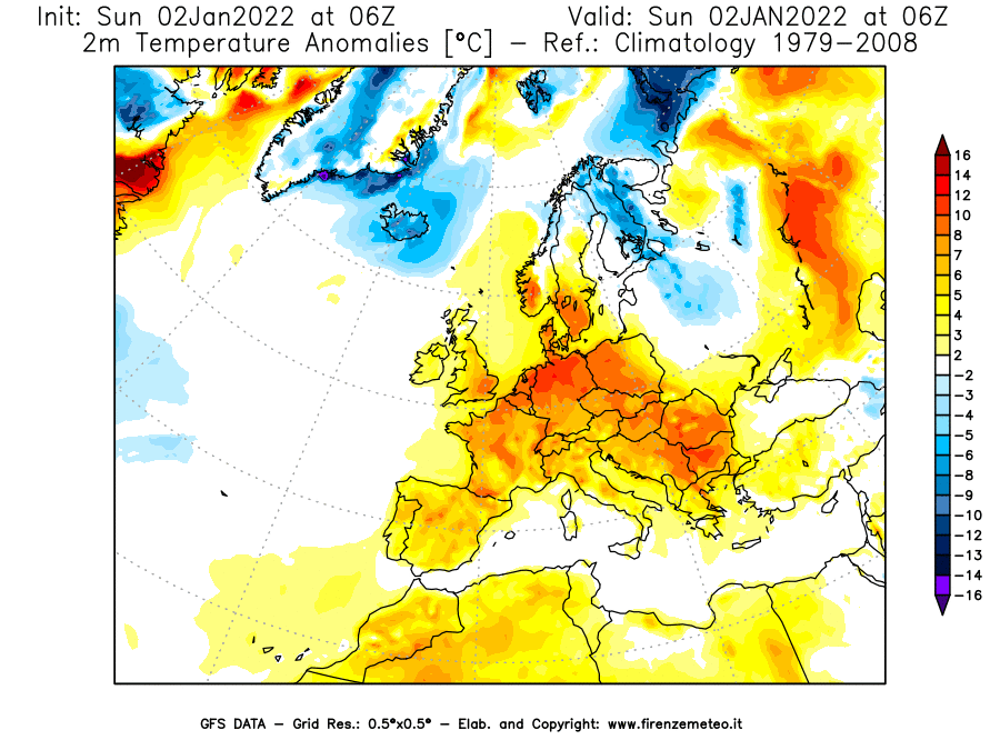 Mappa di analisi GFS - Anomalia Temperatura [°C] a 2 m in Europa
							del 02/01/2022 06 <!--googleoff: index-->UTC<!--googleon: index-->