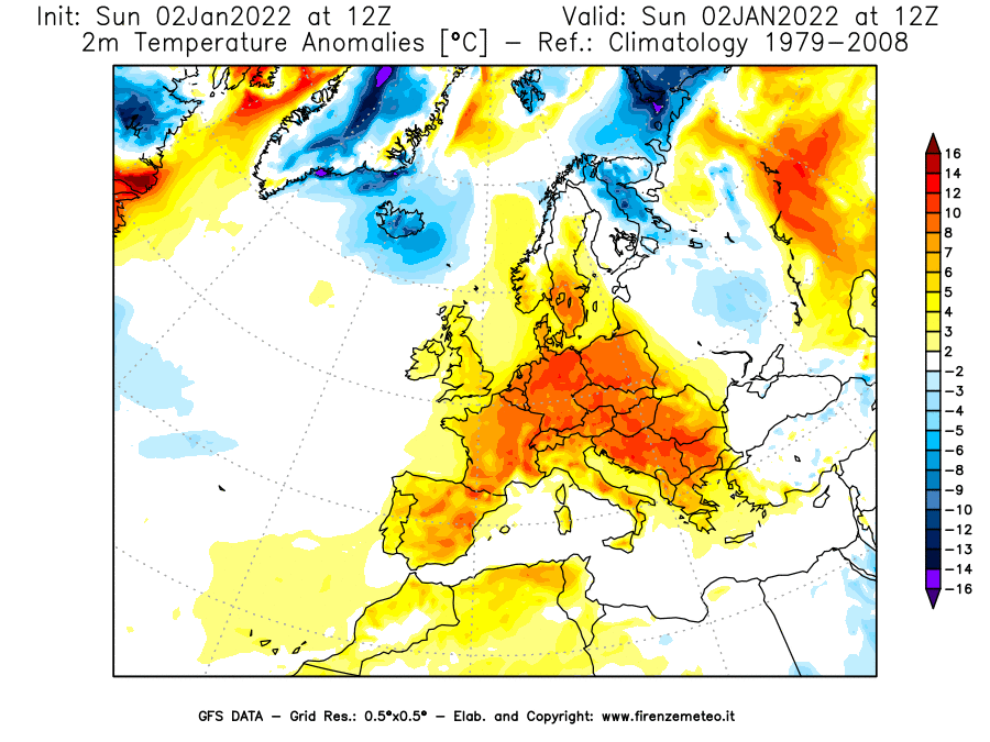 Mappa di analisi GFS - Anomalia Temperatura [°C] a 2 m in Europa
							del 02/01/2022 12 <!--googleoff: index-->UTC<!--googleon: index-->