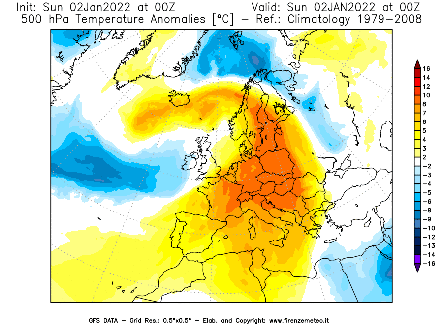 Mappa di analisi GFS - Anomalia Temperatura [°C] a 500 hPa in Europa
							del 02/01/2022 00 <!--googleoff: index-->UTC<!--googleon: index-->