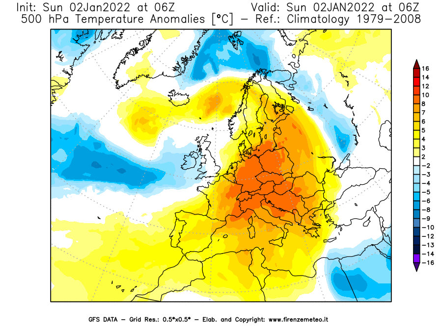 Mappa di analisi GFS - Anomalia Temperatura [°C] a 500 hPa in Europa
							del 02/01/2022 06 <!--googleoff: index-->UTC<!--googleon: index-->