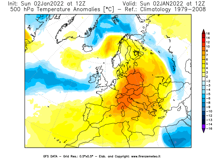 Mappa di analisi GFS - Anomalia Temperatura [°C] a 500 hPa in Europa
							del 02/01/2022 12 <!--googleoff: index-->UTC<!--googleon: index-->