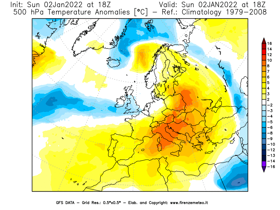 Mappa di analisi GFS - Anomalia Temperatura [°C] a 500 hPa in Europa
							del 02/01/2022 18 <!--googleoff: index-->UTC<!--googleon: index-->