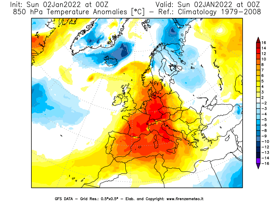 Mappa di analisi GFS - Anomalia Temperatura [°C] a 850 hPa in Europa
							del 02/01/2022 00 <!--googleoff: index-->UTC<!--googleon: index-->