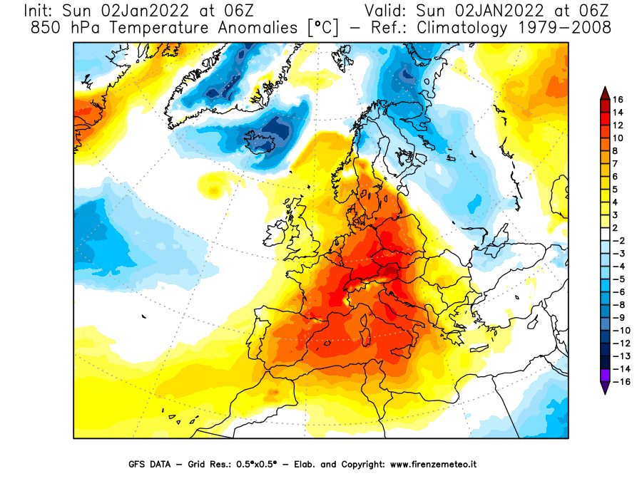 Mappa di analisi GFS - Anomalia Temperatura [°C] a 850 hPa in Europa
							del 02/01/2022 06 <!--googleoff: index-->UTC<!--googleon: index-->