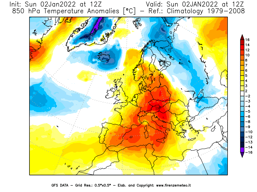Mappa di analisi GFS - Anomalia Temperatura [°C] a 850 hPa in Europa
							del 02/01/2022 12 <!--googleoff: index-->UTC<!--googleon: index-->