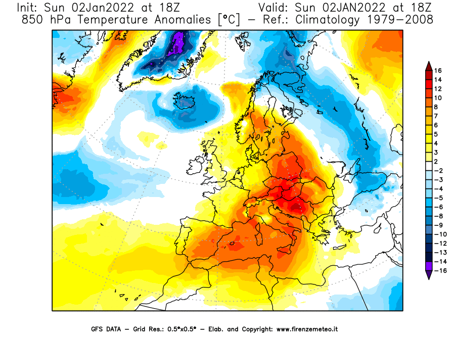 Mappa di analisi GFS - Anomalia Temperatura [°C] a 850 hPa in Europa
							del 02/01/2022 18 <!--googleoff: index-->UTC<!--googleon: index-->