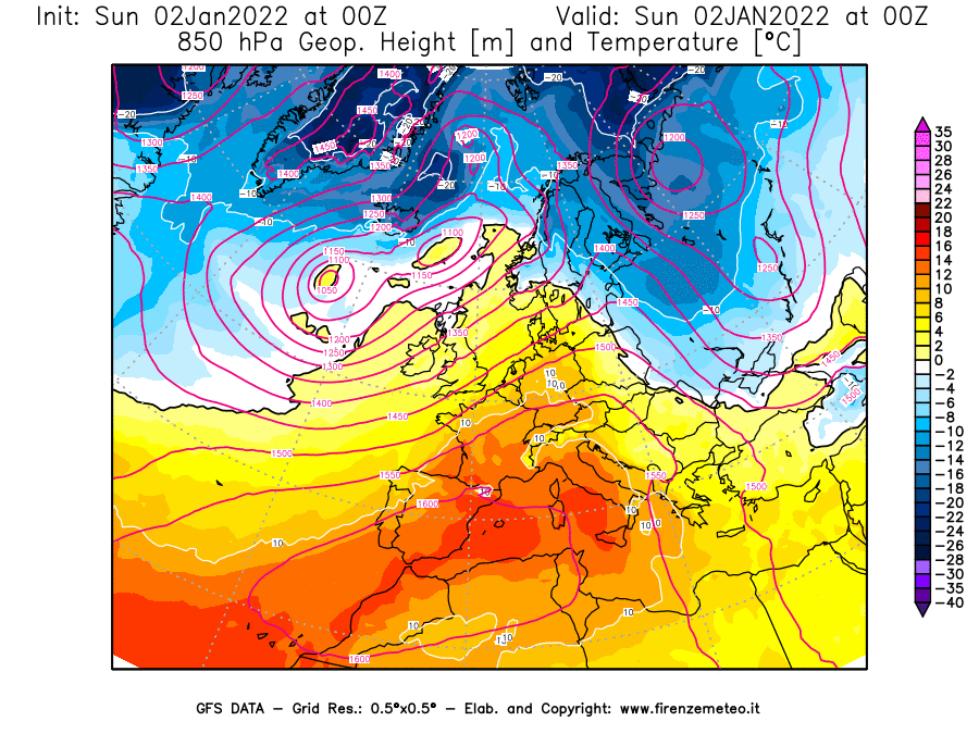 Mappa di analisi GFS - Geopotenziale [m] e Temperatura [°C] a 850 hPa in Europa
							del 02/01/2022 00 <!--googleoff: index-->UTC<!--googleon: index-->
