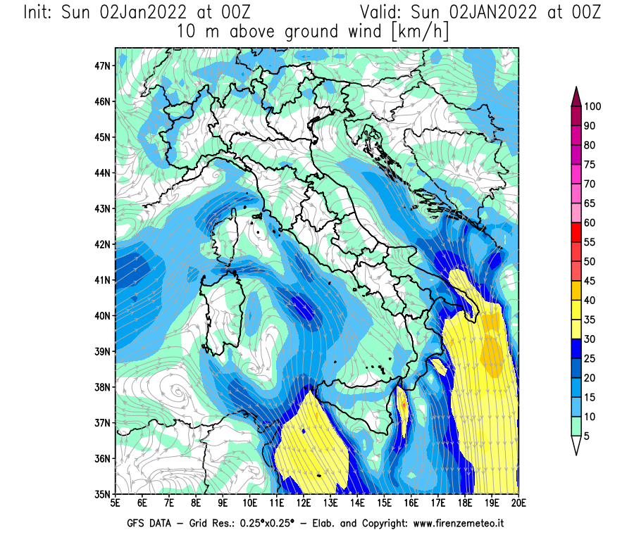 Mappa di analisi GFS - Velocità del vento a 10 metri dal suolo [km/h] in Italia
							del 02/01/2022 00 <!--googleoff: index-->UTC<!--googleon: index-->
