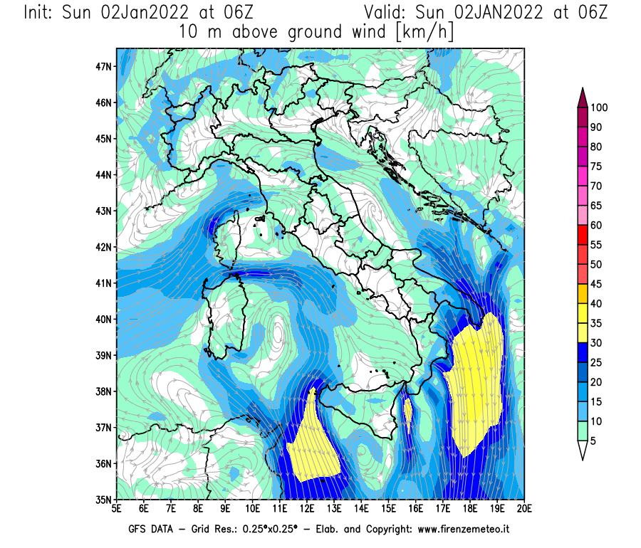 Mappa di analisi GFS - Velocità del vento a 10 metri dal suolo [km/h] in Italia
							del 02/01/2022 06 <!--googleoff: index-->UTC<!--googleon: index-->