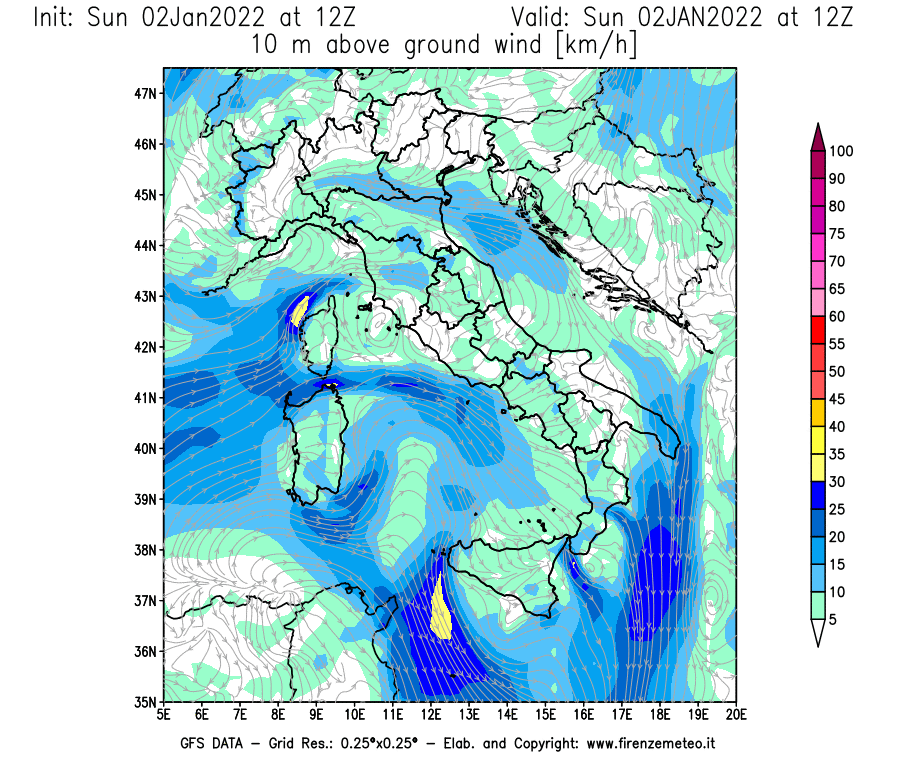 Mappa di analisi GFS - Velocità del vento a 10 metri dal suolo [km/h] in Italia
							del 02/01/2022 12 <!--googleoff: index-->UTC<!--googleon: index-->