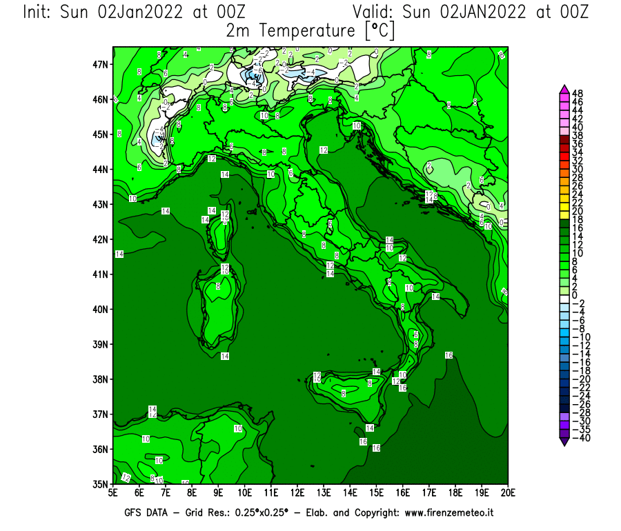 Mappa di analisi GFS - Temperatura a 2 metri dal suolo [°C] in Italia
							del 02/01/2022 00 <!--googleoff: index-->UTC<!--googleon: index-->