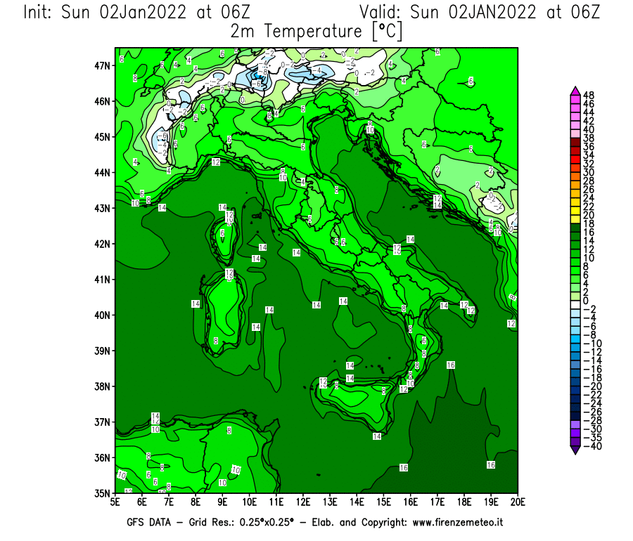 Mappa di analisi GFS - Temperatura a 2 metri dal suolo [°C] in Italia
							del 02/01/2022 06 <!--googleoff: index-->UTC<!--googleon: index-->