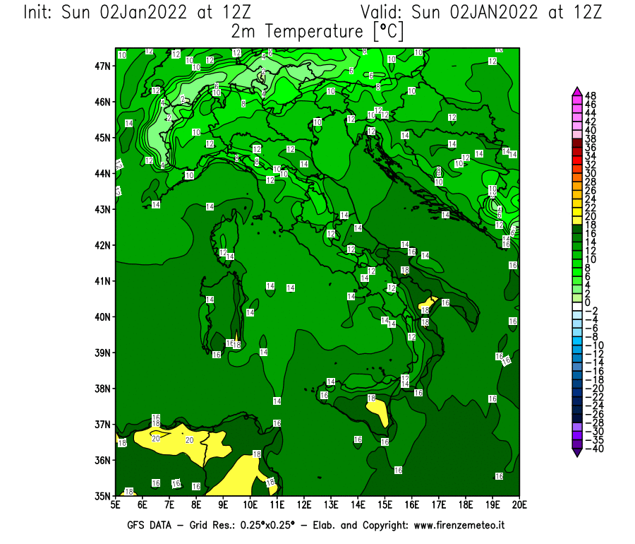 Mappa di analisi GFS - Temperatura a 2 metri dal suolo [°C] in Italia
							del 02/01/2022 12 <!--googleoff: index-->UTC<!--googleon: index-->