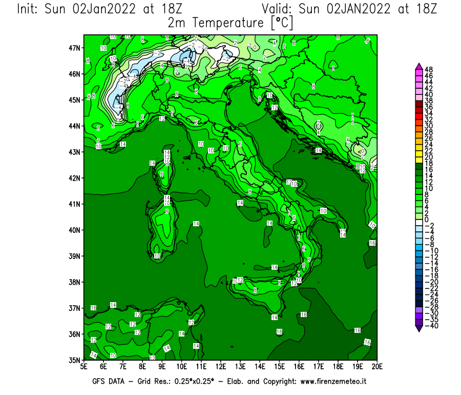 Mappa di analisi GFS - Temperatura a 2 metri dal suolo [°C] in Italia
							del 02/01/2022 18 <!--googleoff: index-->UTC<!--googleon: index-->