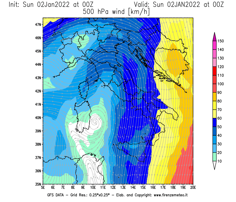 Mappa di analisi GFS - Velocità del vento a 500 hPa [km/h] in Italia
							del 02/01/2022 00 <!--googleoff: index-->UTC<!--googleon: index-->