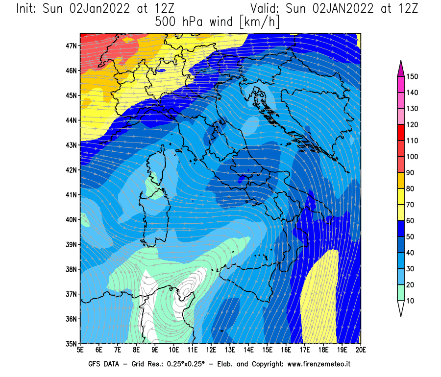 Mappa di analisi GFS - Velocità del vento a 500 hPa [km/h] in Italia
							del 02/01/2022 12 <!--googleoff: index-->UTC<!--googleon: index-->