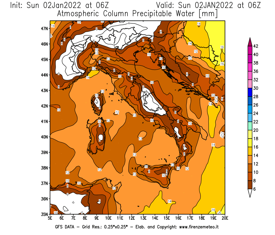 Mappa di analisi GFS - Precipitable Water [mm] in Italia
							del 02/01/2022 06 <!--googleoff: index-->UTC<!--googleon: index-->