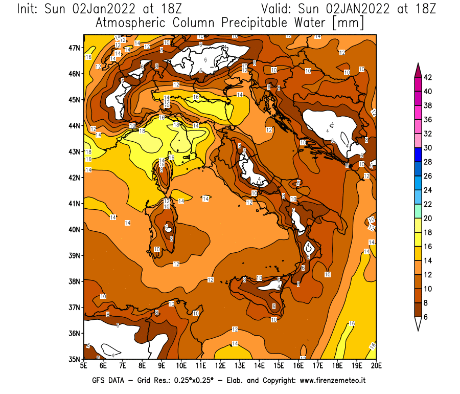 Mappa di analisi GFS - Precipitable Water [mm] in Italia
							del 02/01/2022 18 <!--googleoff: index-->UTC<!--googleon: index-->