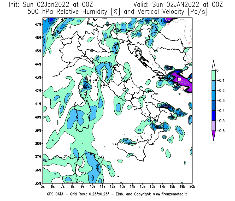 Mappa di analisi GFS - Umidità relativa [%] e Omega [Pa/s] a 500 hPa in Italia
							del 02/01/2022 00 <!--googleoff: index-->UTC<!--googleon: index-->