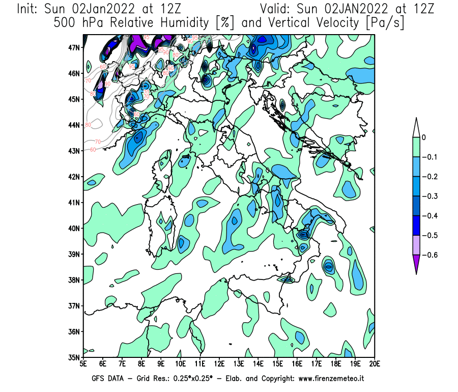 Mappa di analisi GFS - Umidità relativa [%] e Omega [Pa/s] a 500 hPa in Italia
							del 02/01/2022 12 <!--googleoff: index-->UTC<!--googleon: index-->