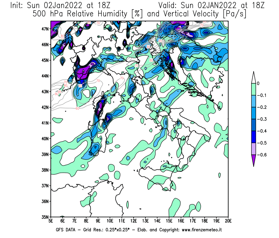 Mappa di analisi GFS - Umidità relativa [%] e Omega [Pa/s] a 500 hPa in Italia
							del 02/01/2022 18 <!--googleoff: index-->UTC<!--googleon: index-->