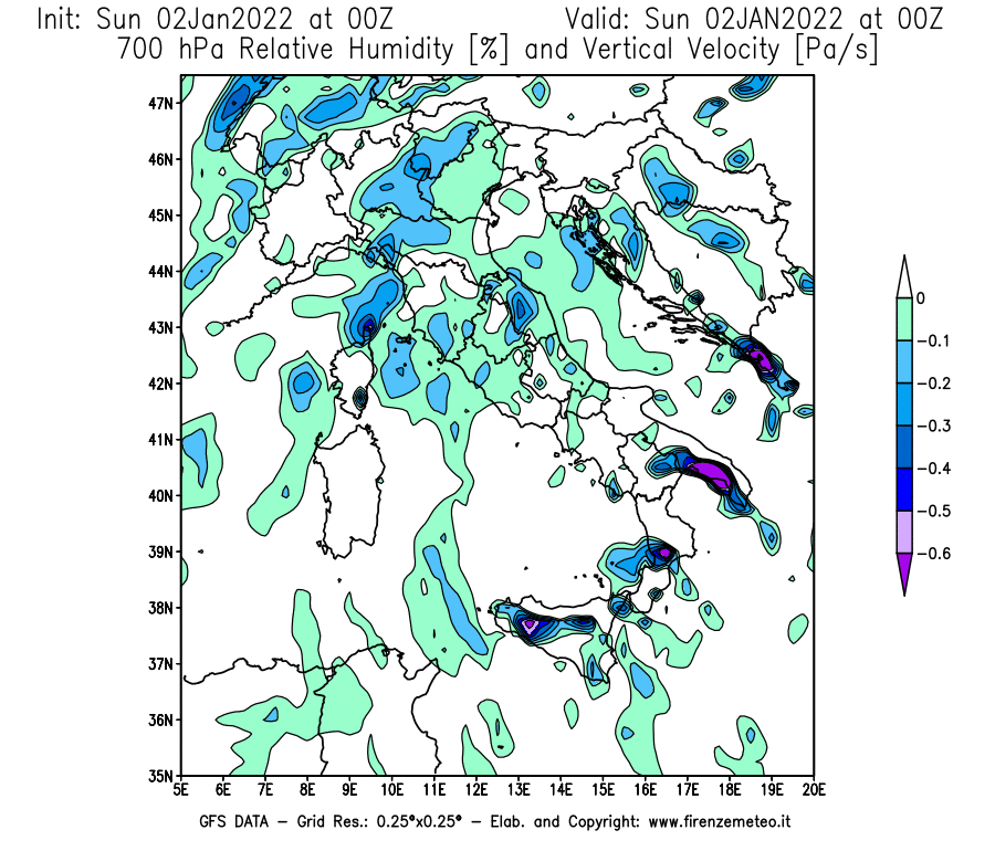 Mappa di analisi GFS - Umidità relativa [%] e Omega [Pa/s] a 700 hPa in Italia
							del 02/01/2022 00 <!--googleoff: index-->UTC<!--googleon: index-->