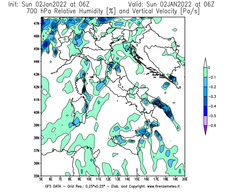 Mappa di analisi GFS - Umidità relativa [%] e Omega [Pa/s] a 700 hPa in Italia
							del 02/01/2022 06 <!--googleoff: index-->UTC<!--googleon: index-->