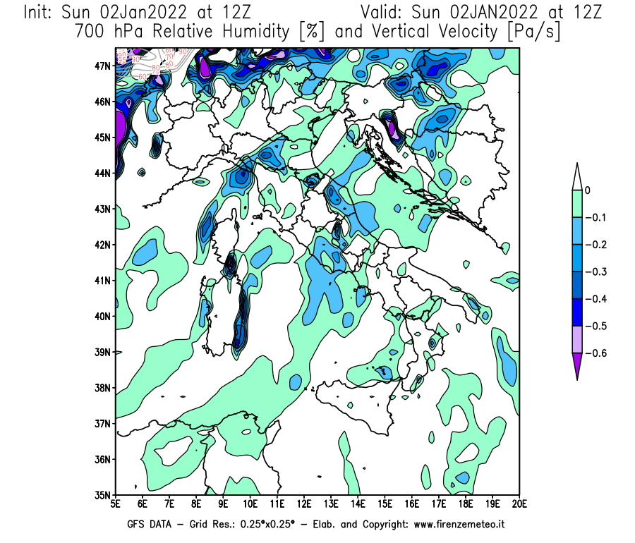 Mappa di analisi GFS - Umidità relativa [%] e Omega [Pa/s] a 700 hPa in Italia
							del 02/01/2022 12 <!--googleoff: index-->UTC<!--googleon: index-->