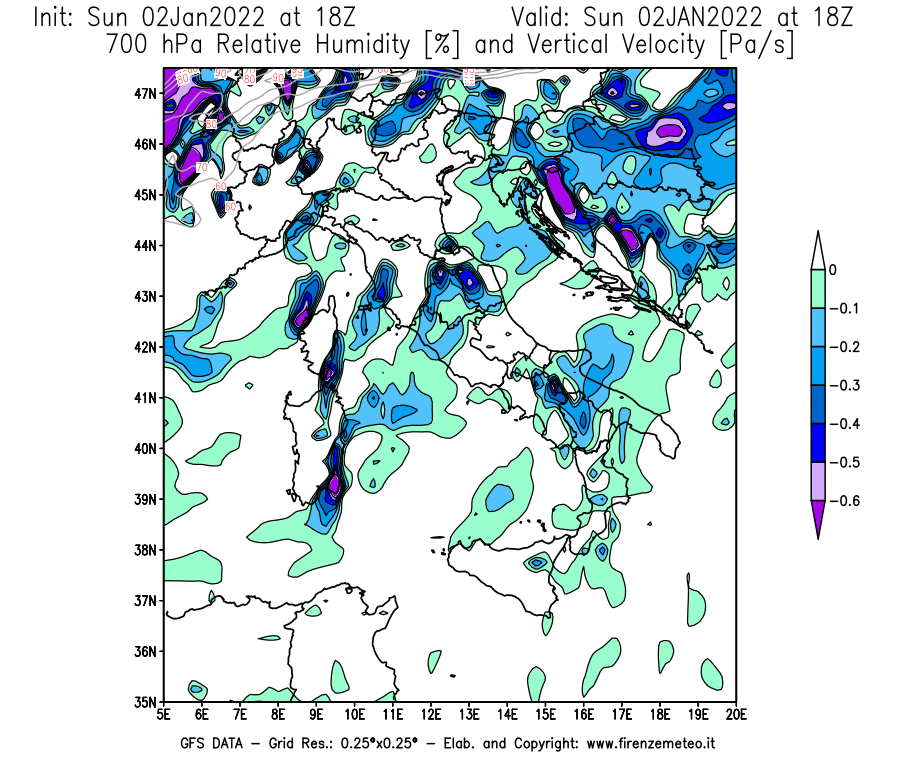 Mappa di analisi GFS - Umidità relativa [%] e Omega [Pa/s] a 700 hPa in Italia
							del 02/01/2022 18 <!--googleoff: index-->UTC<!--googleon: index-->
