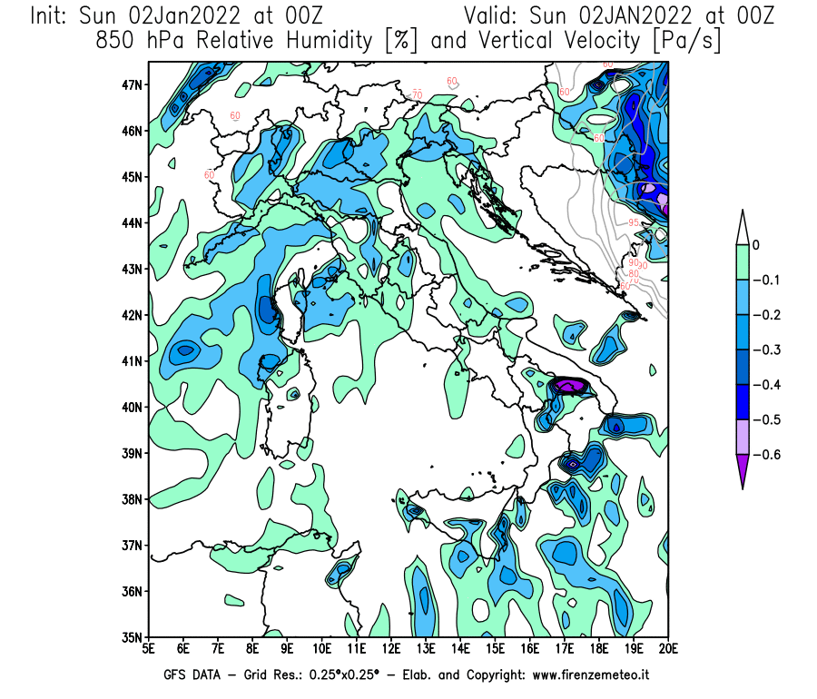 Mappa di analisi GFS - Umidità relativa [%] e Omega [Pa/s] a 850 hPa in Italia
							del 02/01/2022 00 <!--googleoff: index-->UTC<!--googleon: index-->