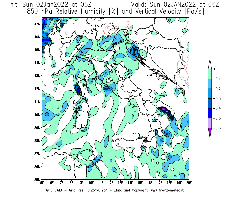 Mappa di analisi GFS - Umidità relativa [%] e Omega [Pa/s] a 850 hPa in Italia
							del 02/01/2022 06 <!--googleoff: index-->UTC<!--googleon: index-->