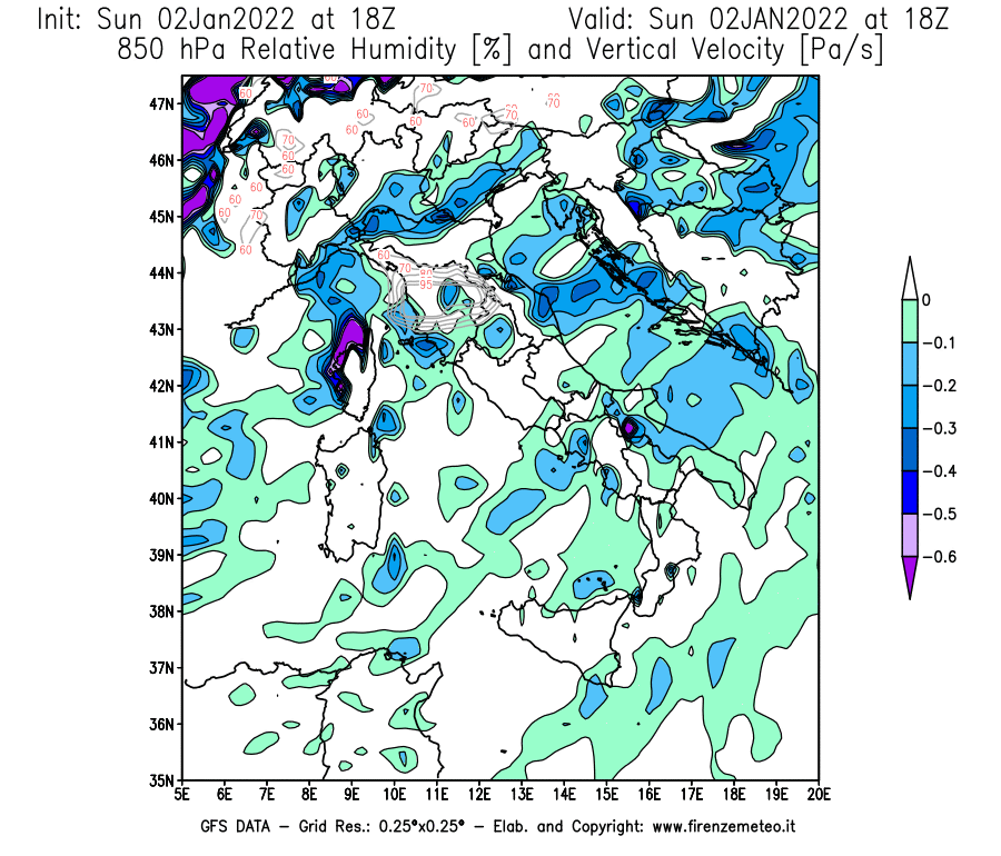 Mappa di analisi GFS - Umidità relativa [%] e Omega [Pa/s] a 850 hPa in Italia
							del 02/01/2022 18 <!--googleoff: index-->UTC<!--googleon: index-->
