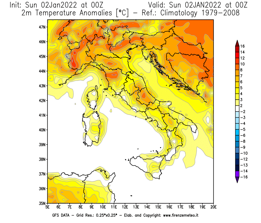 Mappa di analisi GFS - Anomalia Temperatura [°C] a 2 m in Italia
							del 02/01/2022 00 <!--googleoff: index-->UTC<!--googleon: index-->