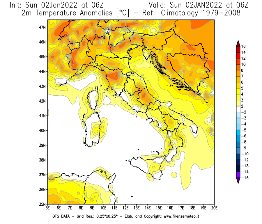 Mappa di analisi GFS - Anomalia Temperatura [°C] a 2 m in Italia
							del 02/01/2022 06 <!--googleoff: index-->UTC<!--googleon: index-->