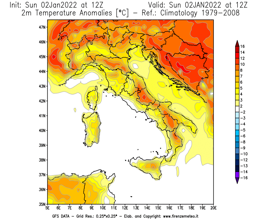 Mappa di analisi GFS - Anomalia Temperatura [°C] a 2 m in Italia
							del 02/01/2022 12 <!--googleoff: index-->UTC<!--googleon: index-->