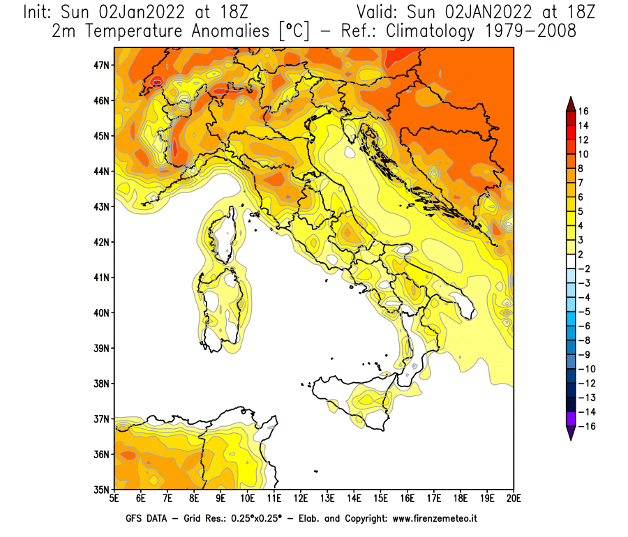 Mappa di analisi GFS - Anomalia Temperatura [°C] a 2 m in Italia
							del 02/01/2022 18 <!--googleoff: index-->UTC<!--googleon: index-->