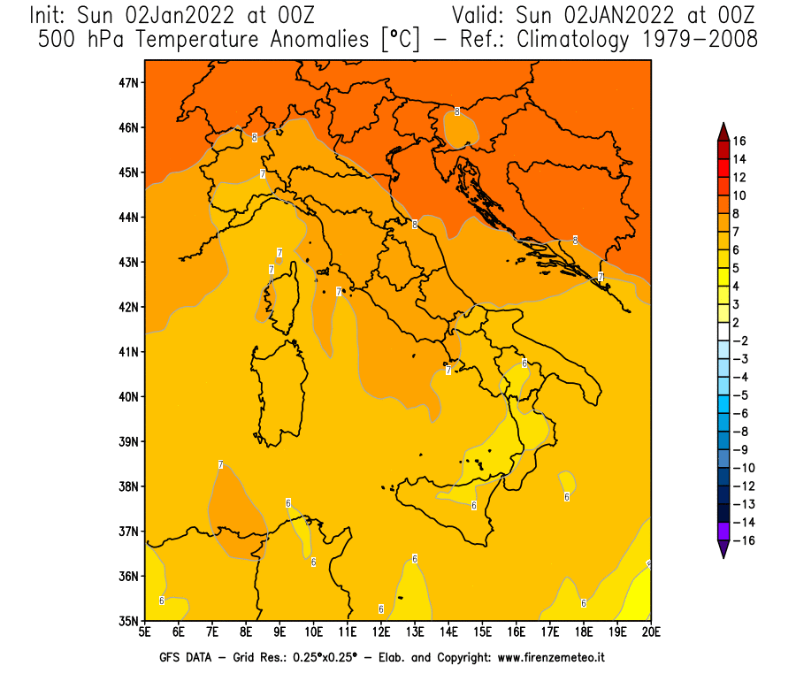 Mappa di analisi GFS - Anomalia Temperatura [°C] a 500 hPa in Italia
							del 02/01/2022 00 <!--googleoff: index-->UTC<!--googleon: index-->