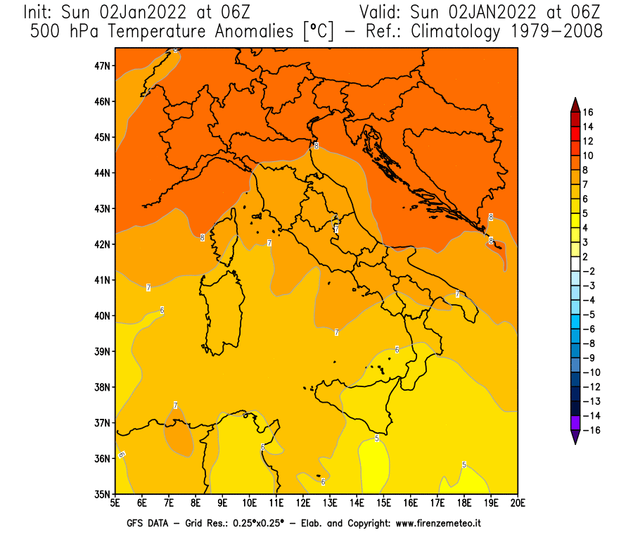 Mappa di analisi GFS - Anomalia Temperatura [°C] a 500 hPa in Italia
							del 02/01/2022 06 <!--googleoff: index-->UTC<!--googleon: index-->