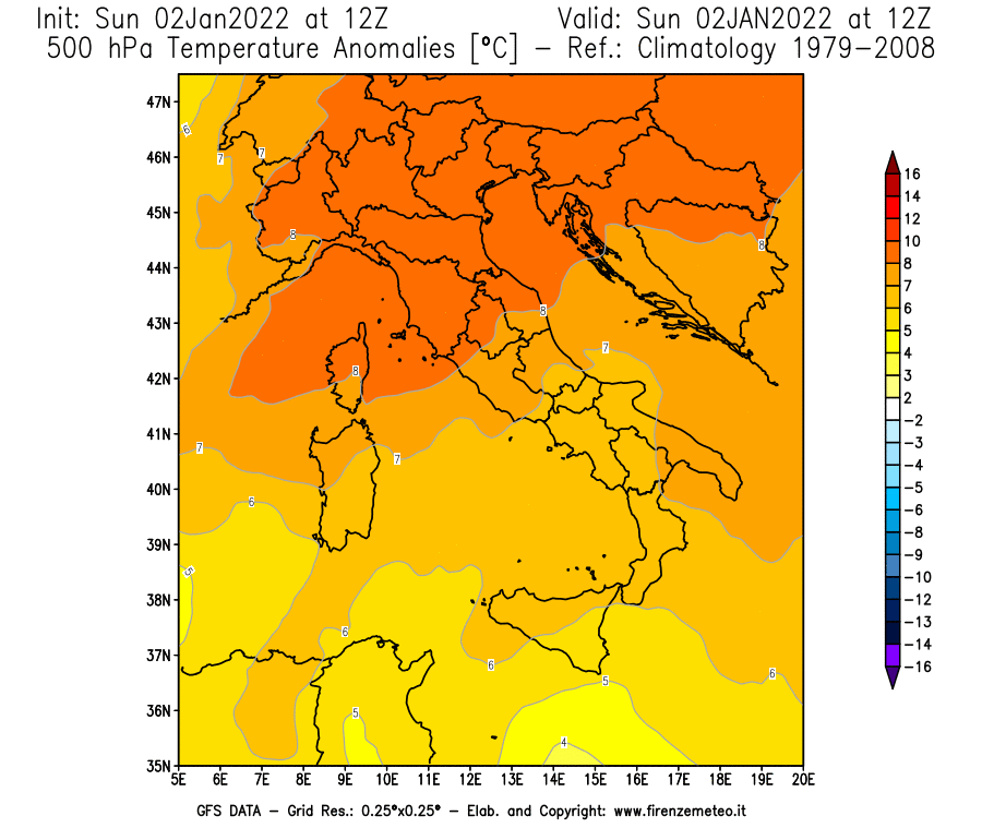 Mappa di analisi GFS - Anomalia Temperatura [°C] a 500 hPa in Italia
							del 02/01/2022 12 <!--googleoff: index-->UTC<!--googleon: index-->