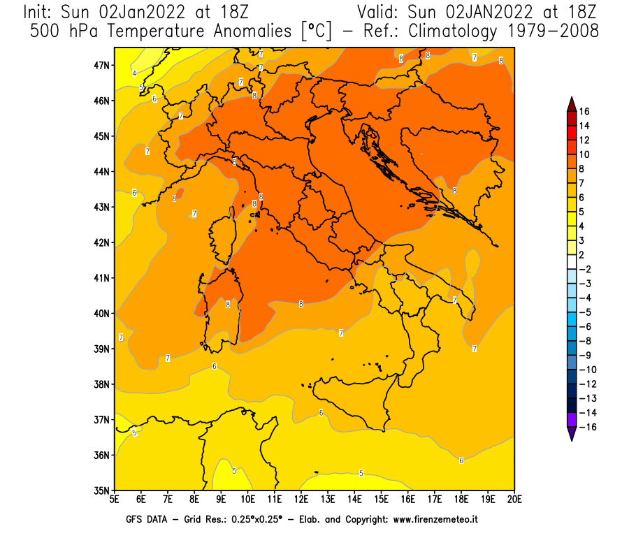 Mappa di analisi GFS - Anomalia Temperatura [°C] a 500 hPa in Italia
							del 02/01/2022 18 <!--googleoff: index-->UTC<!--googleon: index-->
