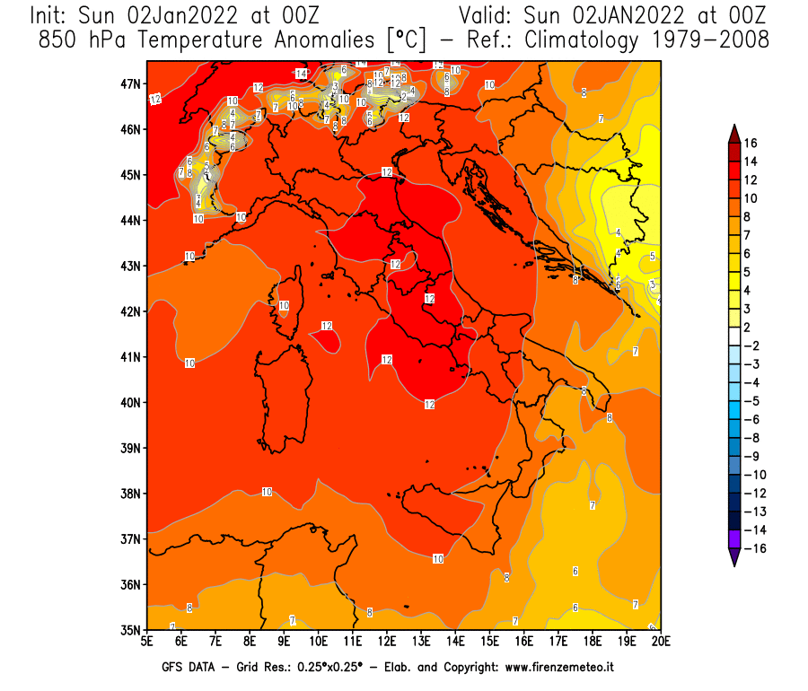 Mappa di analisi GFS - Anomalia Temperatura [°C] a 850 hPa in Italia
							del 02/01/2022 00 <!--googleoff: index-->UTC<!--googleon: index-->