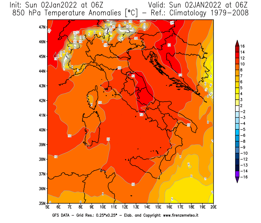 Mappa di analisi GFS - Anomalia Temperatura [°C] a 850 hPa in Italia
							del 02/01/2022 06 <!--googleoff: index-->UTC<!--googleon: index-->