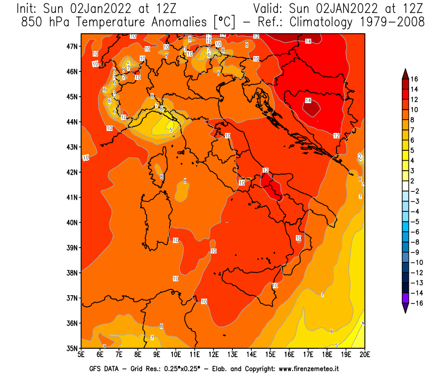 Mappa di analisi GFS - Anomalia Temperatura [°C] a 850 hPa in Italia
							del 02/01/2022 12 <!--googleoff: index-->UTC<!--googleon: index-->