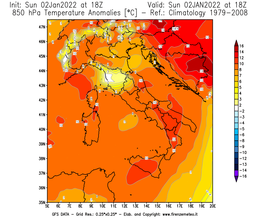 Mappa di analisi GFS - Anomalia Temperatura [°C] a 850 hPa in Italia
							del 02/01/2022 18 <!--googleoff: index-->UTC<!--googleon: index-->