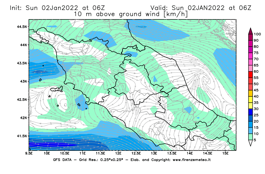 Mappa di analisi GFS - Velocità del vento a 10 metri dal suolo [km/h] in Centro-Italia
							del 02/01/2022 06 <!--googleoff: index-->UTC<!--googleon: index-->