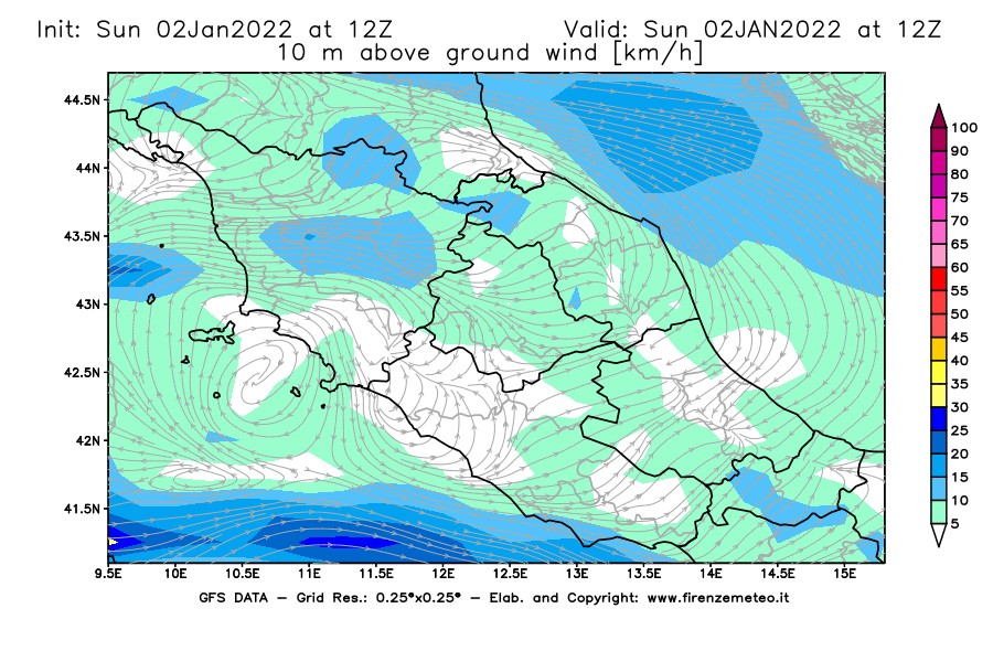 Mappa di analisi GFS - Velocità del vento a 10 metri dal suolo [km/h] in Centro-Italia
							del 02/01/2022 12 <!--googleoff: index-->UTC<!--googleon: index-->