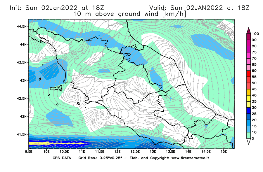 Mappa di analisi GFS - Velocità del vento a 10 metri dal suolo [km/h] in Centro-Italia
							del 02/01/2022 18 <!--googleoff: index-->UTC<!--googleon: index-->